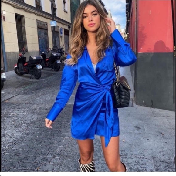 Zara Dresses & Skirts - Zara Blue Satin Effect Wrap Dress Size Extra Large XL